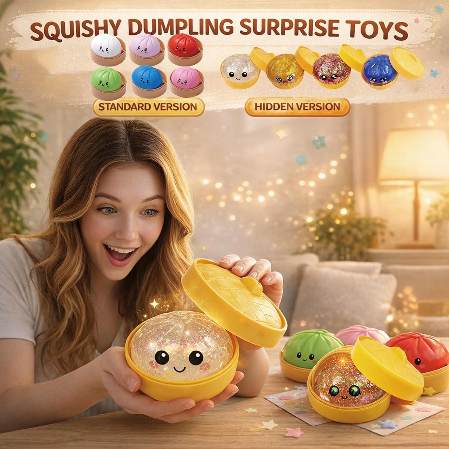 Dumpling Squishies Mystery Box, 10 Colors Random Mystery Glitter Dumpling Squishies Toy Gift Box, Colorful Stress Balls Fidget Sensory Toy Desk Toys for Kids Adults (1pcs, One Size) - 3