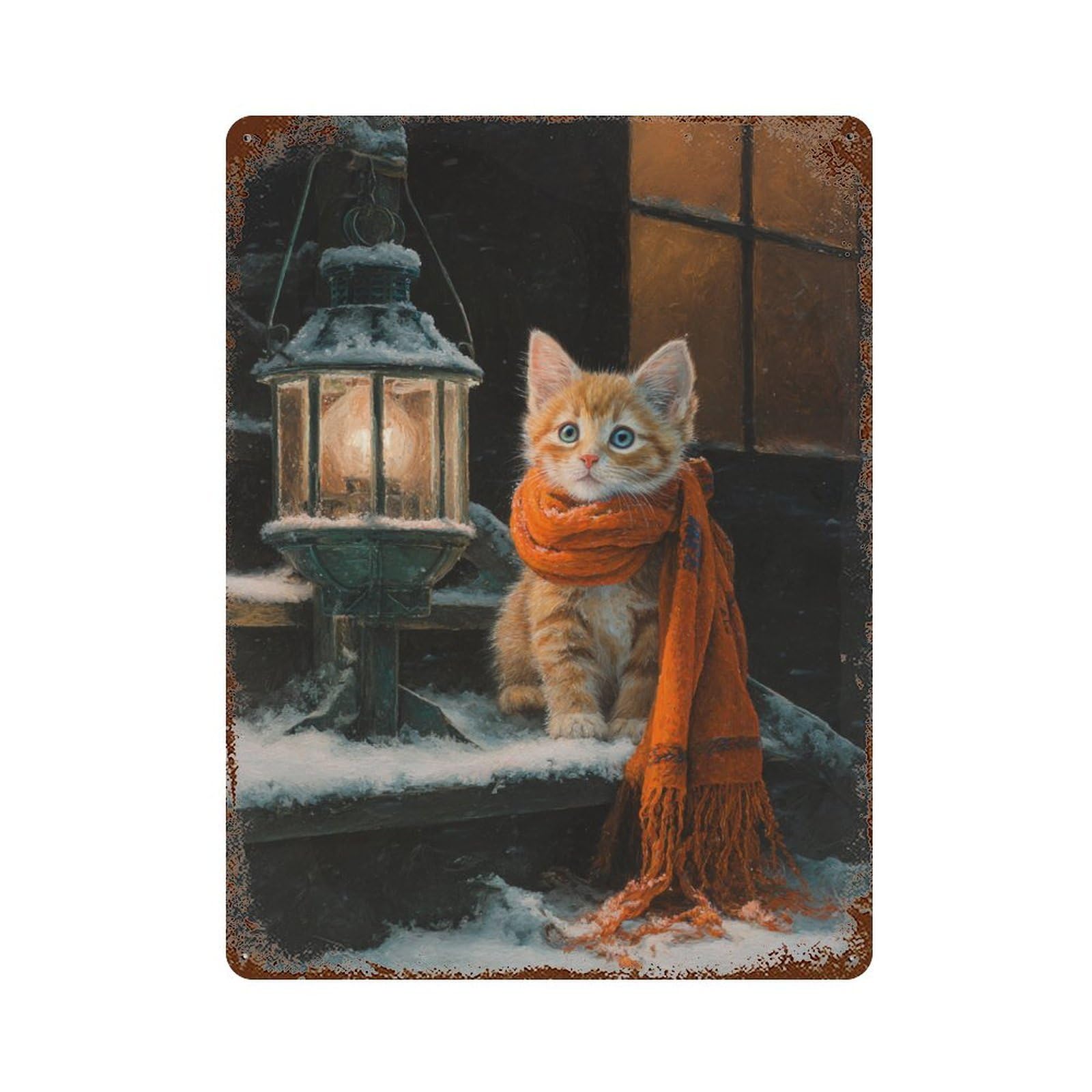 Winter Kitten with Lantern Weathered Tin Sign 15.7"x11.8", Classic Wall Plaque for Garage, Bar And Workshop Decor