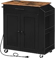 HOOBRO Rolling Kitchen Island with Power Outlet, Spice Rack, Drawer & Adjustable Storage - Mobile Cart on Wheels, Rustic Brown/Black