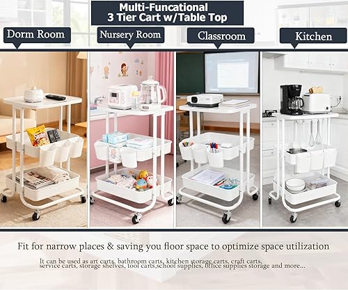 Miniatura 6 de Carrito de cocina de almacenamiento de 3 niveles con mesa, marco de metal blanco con cestas de plástico, carrito móvil funcional con ruedas,