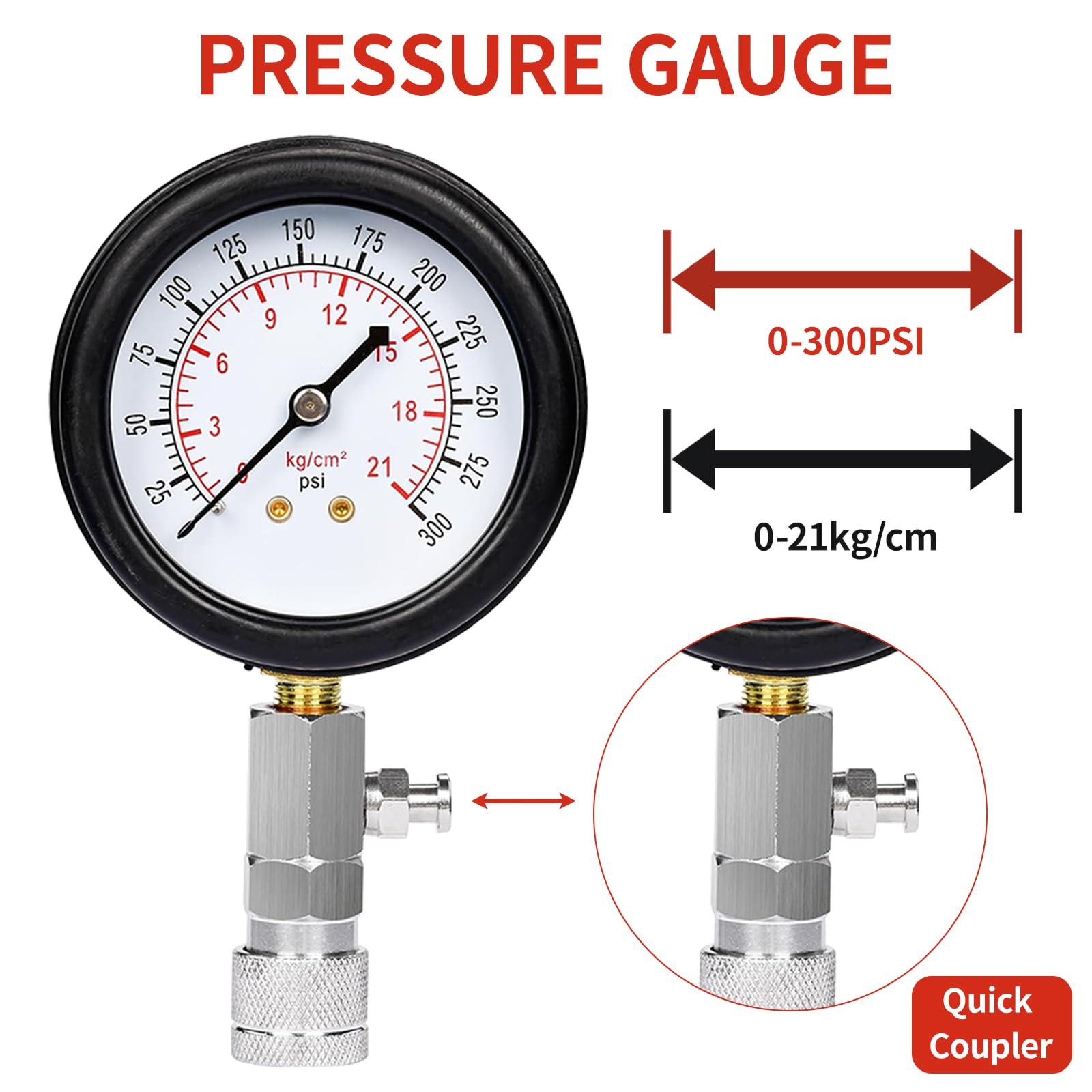 Zorplex Zestaw Tester Kompresji Silnika 0-21 Bar / 0-300 PSI z Manometrem i 4 Adapterami M10 M12 M14 M18, Miernik Ciśnienia Sprężania do Samochodów, Motocykli i Silników Benzynowych (Czerwony)