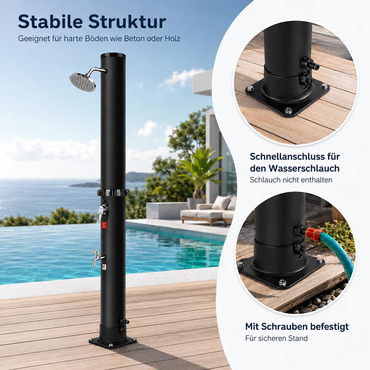 Solardusche für Garten mit Schutzhülle – Solar Gartendusche mit verstellbarem Regenduschkopf, Wasserhahn, Temperatur- und Druckregelung, Pooldusche für Schwimmbecken, Außendusche, max. 60 °C (35 L)