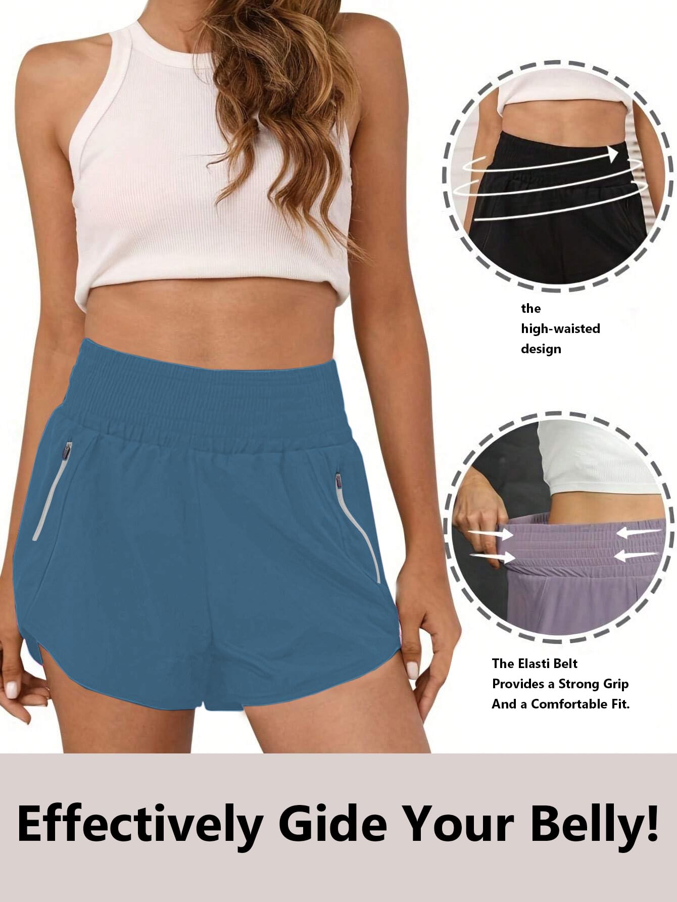 Pantalones cortos deportivos para mujer, de cintura alta, para correr, con bolsillo, elásticos, para gimnasio — view 5