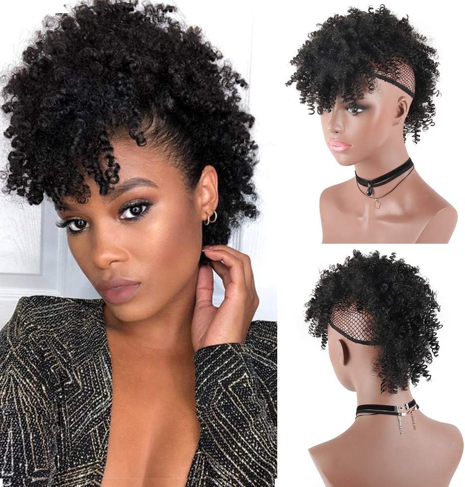 Aisaide High Puff Afro Mohawk Ponytail with Bangs No Drawstring,Short Kinky Curly No Drawstring Ponytail Extension,Synthetic Clip in Mohawk Ponytail Bun with Bangs,Wrap Updo Clip in Hair Extensions