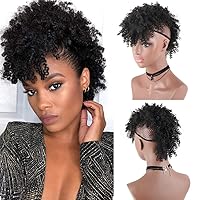 Vista 18 de Peluca corta Afro rizada con flequillo y clip para cola de caballo en cabello rizado sintético hecho de fibra de Kanekalon, moño de cola de caballo