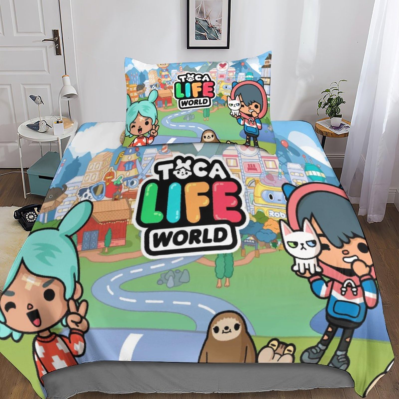 Toca Boca World Bedding Duvet Cover Set Microfibre Comforter Cover 3D Print Quilt Cover with 2 Pieces Set Pillowcases for Children, Adults with Zipper Closure Soft Single（135x200cm）
