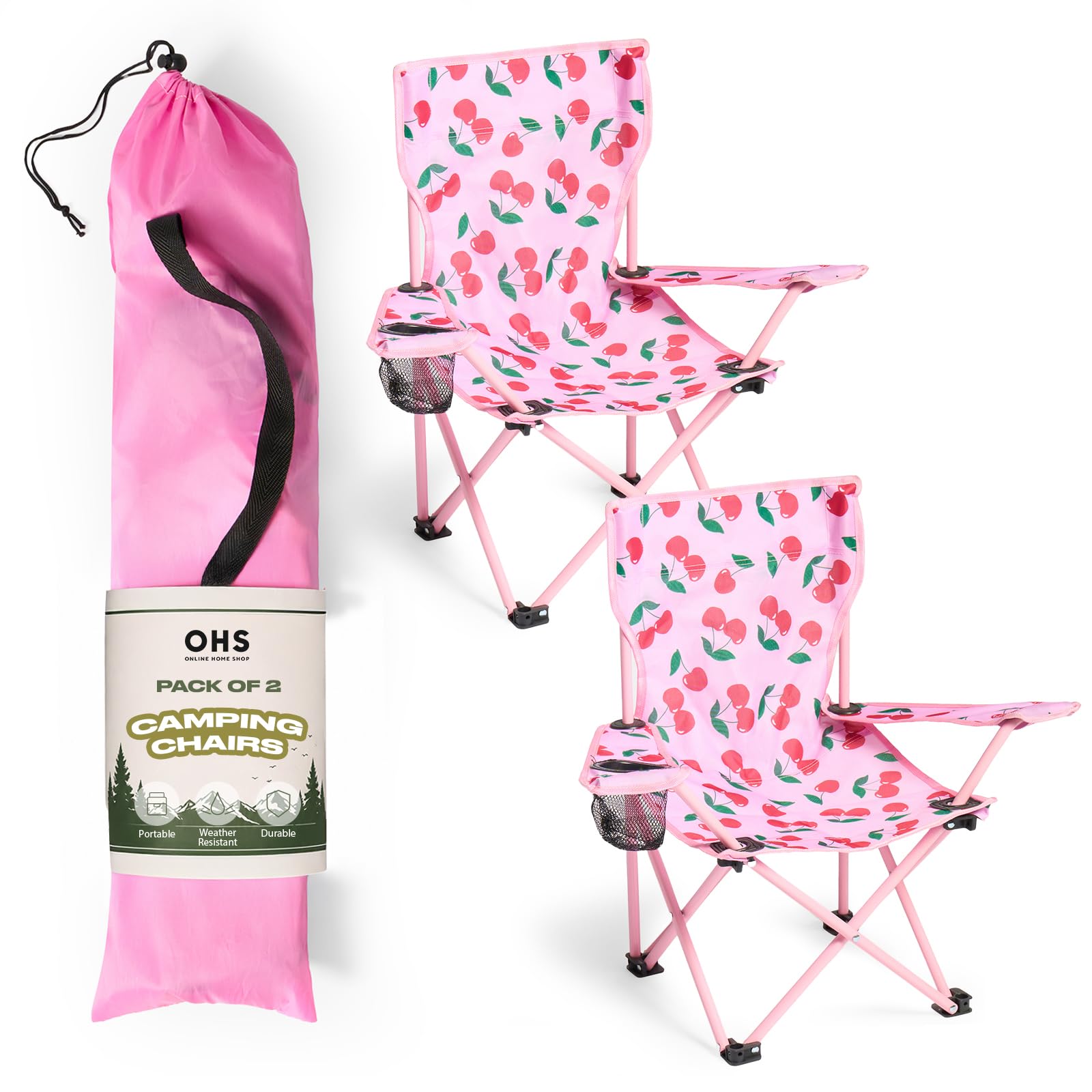 OHS Cherry Camping Chairs Set of 2, High Back Kids Camping Chair with Drinks Cup Holder Lightweight Compact Foldable Chair Picnic Festival Garden Outdoor Girls Kids Chairs, Hot Pink โ image 1