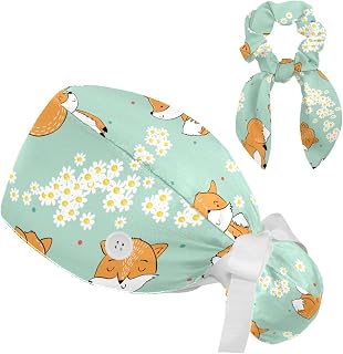 FVQL 2 Pieces Surgical Cap for Long Hair Scrub Cap with Hairband Nurse Cap, Animal Fox Floral Flower