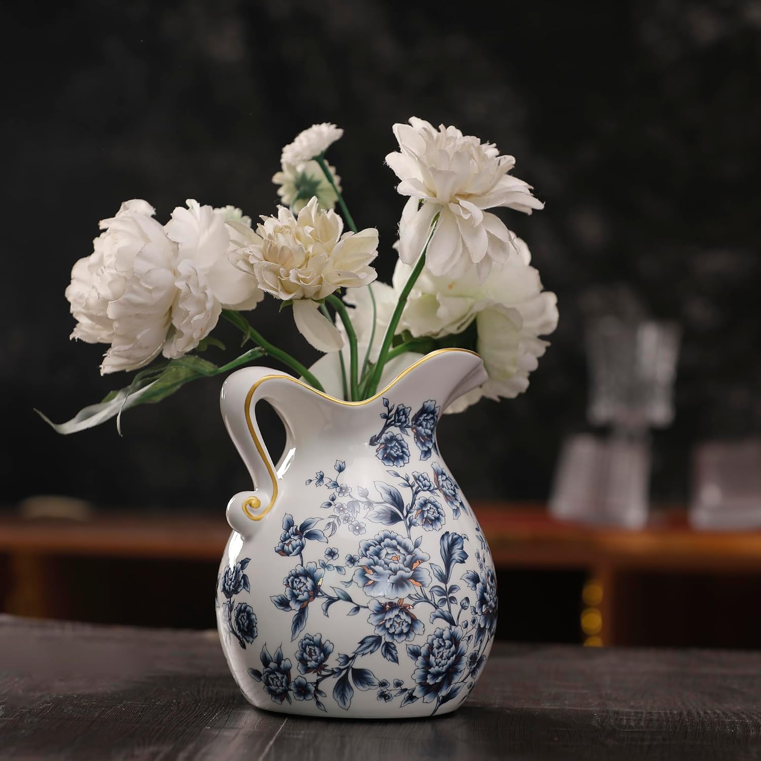 Blue and White Unique Vase with Hand Painted Gold-Handle, Rustic Ceramic Farmhouse Vases for Home Decor, Living Room, Bookshelf, Office, Grand Millennial Decors, Tuscan Decor 7.9 inch Tall.