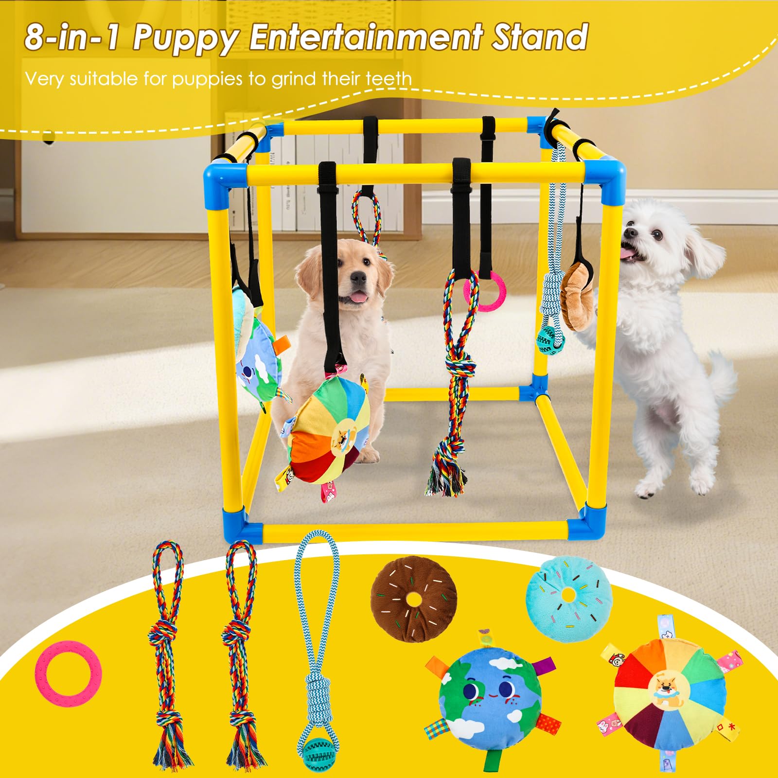 Welpen Spielzeug Set für drinnen, 50x50x50cm Welpen Spieltrapez mit 8 hängenden Kauspielzeugen & Klettverschlüssen, PVC-Rahmen zur Zahnung & Beschäftigung für kleine Hunde