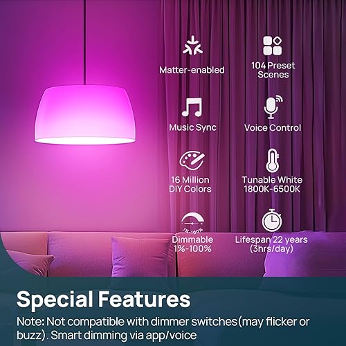 Miniatura 2 de Linkind Matter - Bombilla inteligente de 1100 lúmenes, 75 W, funciona con AlexaApple HomeGoogle HomeSmartThings, RGBTW LED que cambian de color,