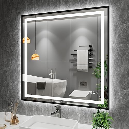 Miniatura 18 de Amorho Espejo de baño LED de 55 x 36 pulgadas, marco negro, luz frontal y retroiluminada, regulable continuamente, antivaho, a prueba de roturas,