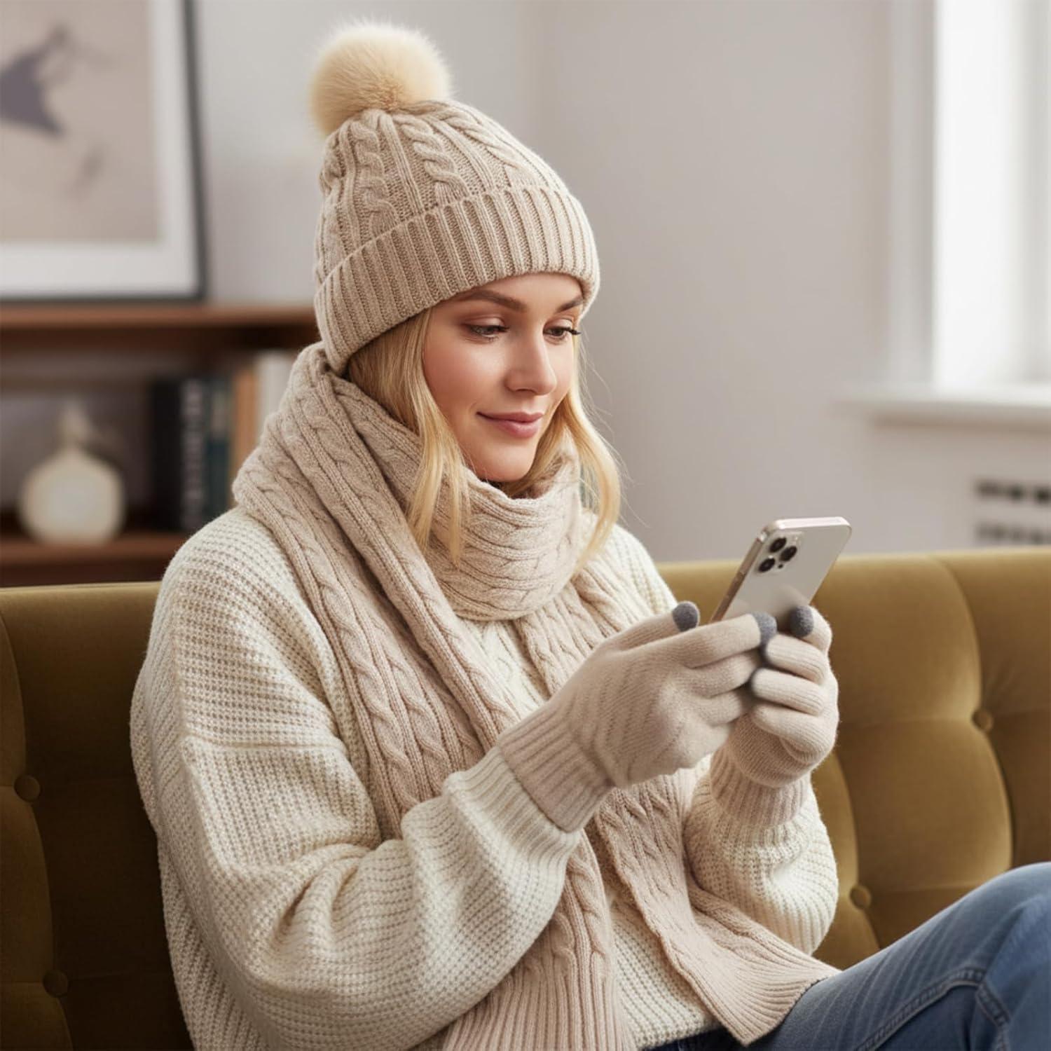 12 Pcs Winter Hat Gloves Scarf Earmuff Set Beanie Pompom Fleece Lining Hat Touch Screen Gloves Knitted Scarf - Image 7