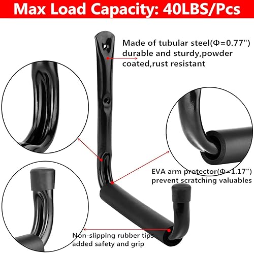 Miniatura 4 de Yisunnan Ganchos de almacenamiento de garaje y jardín, colgador de brazo jumbo resistente (negro, 4 ganchos de 8 pulgadas con protector de EVA)