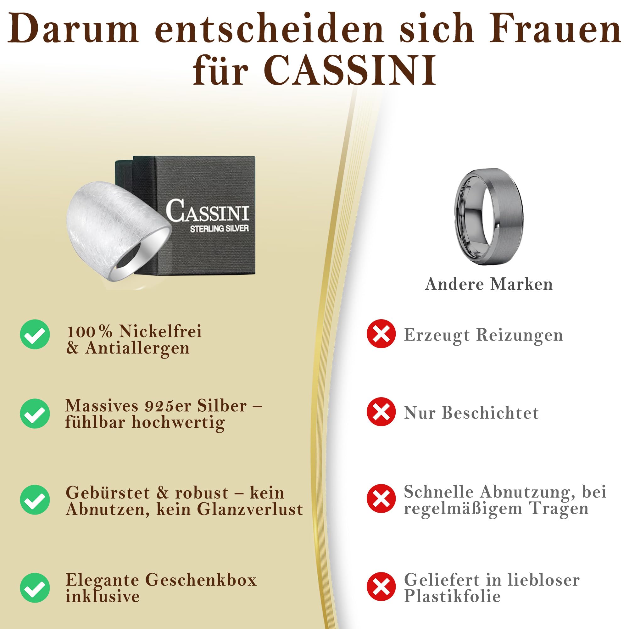 Cassini Damenring 925 Sterling Silber gebürstet - Nickelfrei & antiallergisch Breiter & Massiver Statement-Ring für Frauen Silberring Damen elegant für Alltag Business & Geschenk