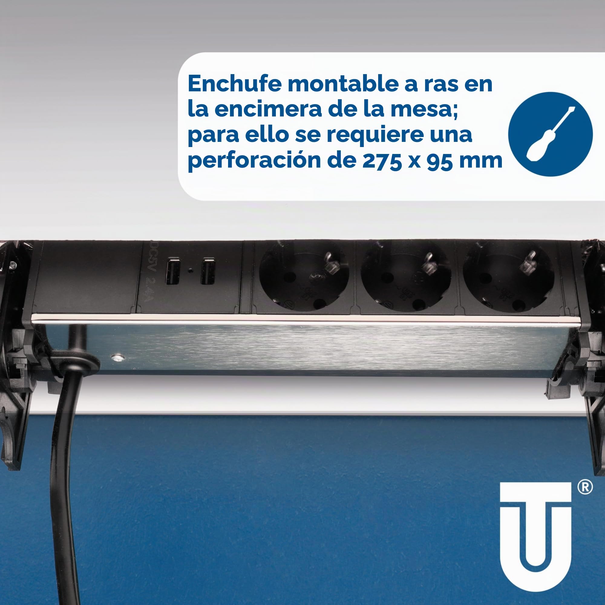 Unitec 30886 - Regleta retráctil Horizontal, 2 Puertos de Carga USB, 3 enchufes, Solapas de sujeción Incluidas, Cable de conexión y Enchufe
