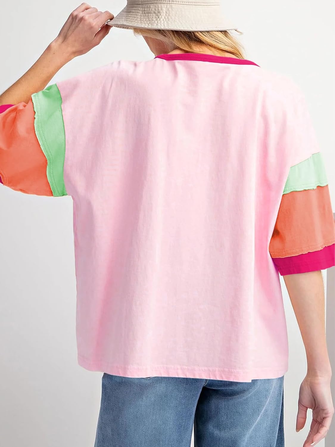 miduo Womens Casual Loose Fit Color Block Stitching Short Sleeve Crew Neck Top T Shirts - Image 5