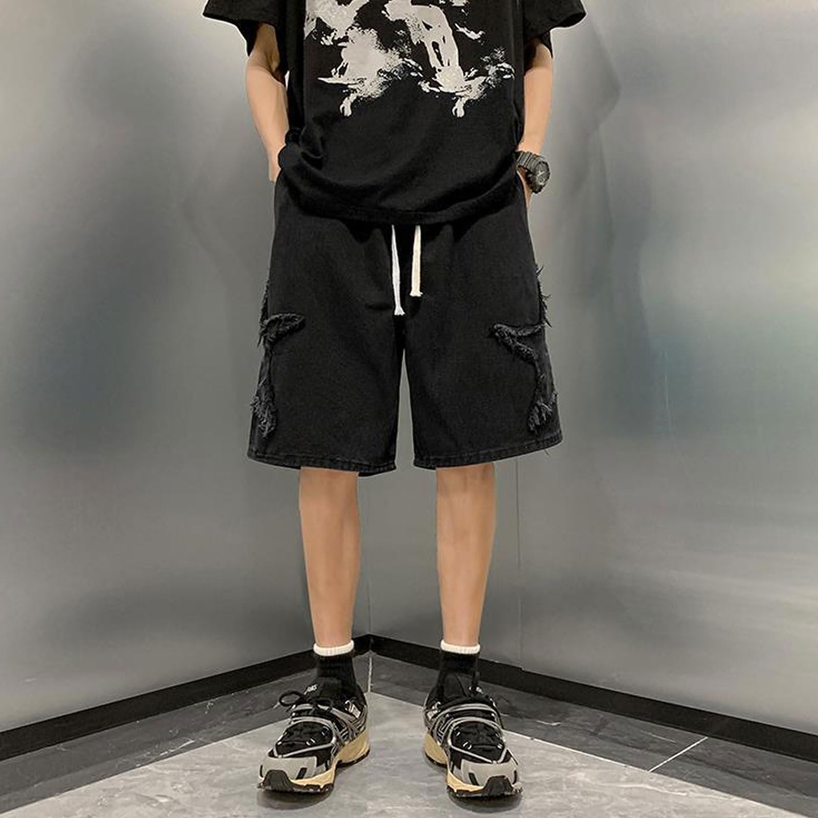 Pantalones cortos de mezclilla bordados Y2K para adolescentes y niños, pantalones cortos de mezclilla con cordón, cintura elástica, pantalones cortos holgados