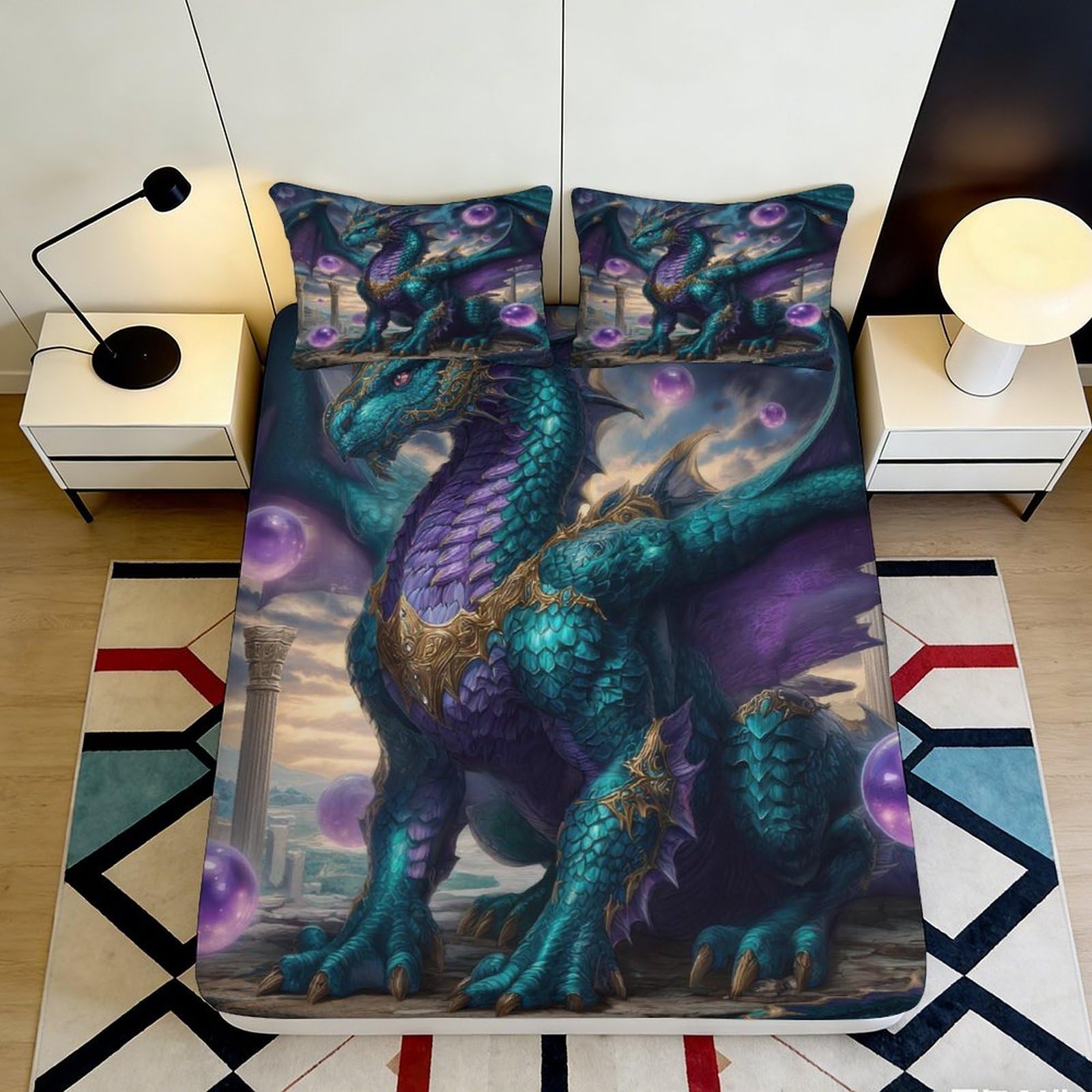3D Printed Dark Dragon Fitted Sheet Microfiber Fantasy Purple Blue Mattress Cover for Bedroom Dorm Decor Easy Care 90x200x25cm