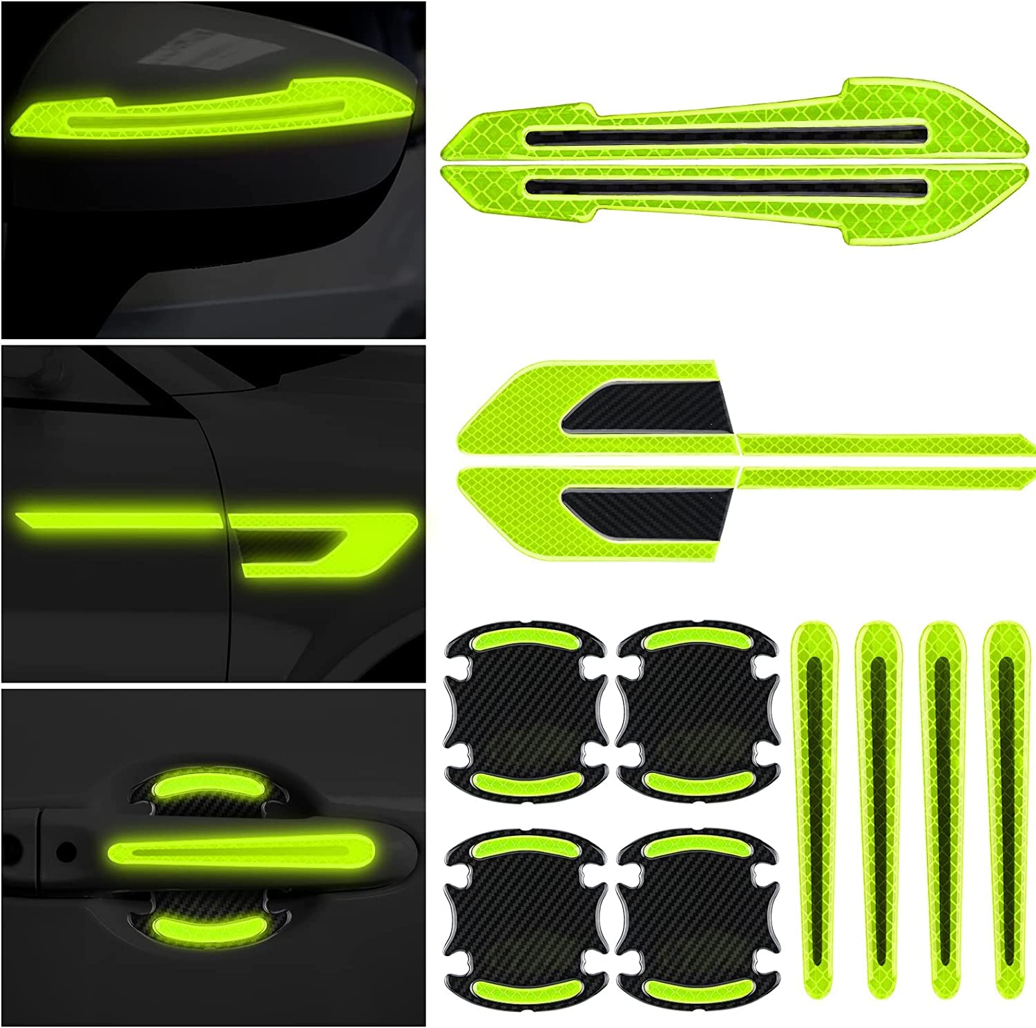 Zimba 12 Pieces Reflective Car Stickers Set Rearview Mirror Reflective Warning Stickers Car Side Reflective Stickers Car Handle Protectors and Handle Paint Scratch Films for Car Safety