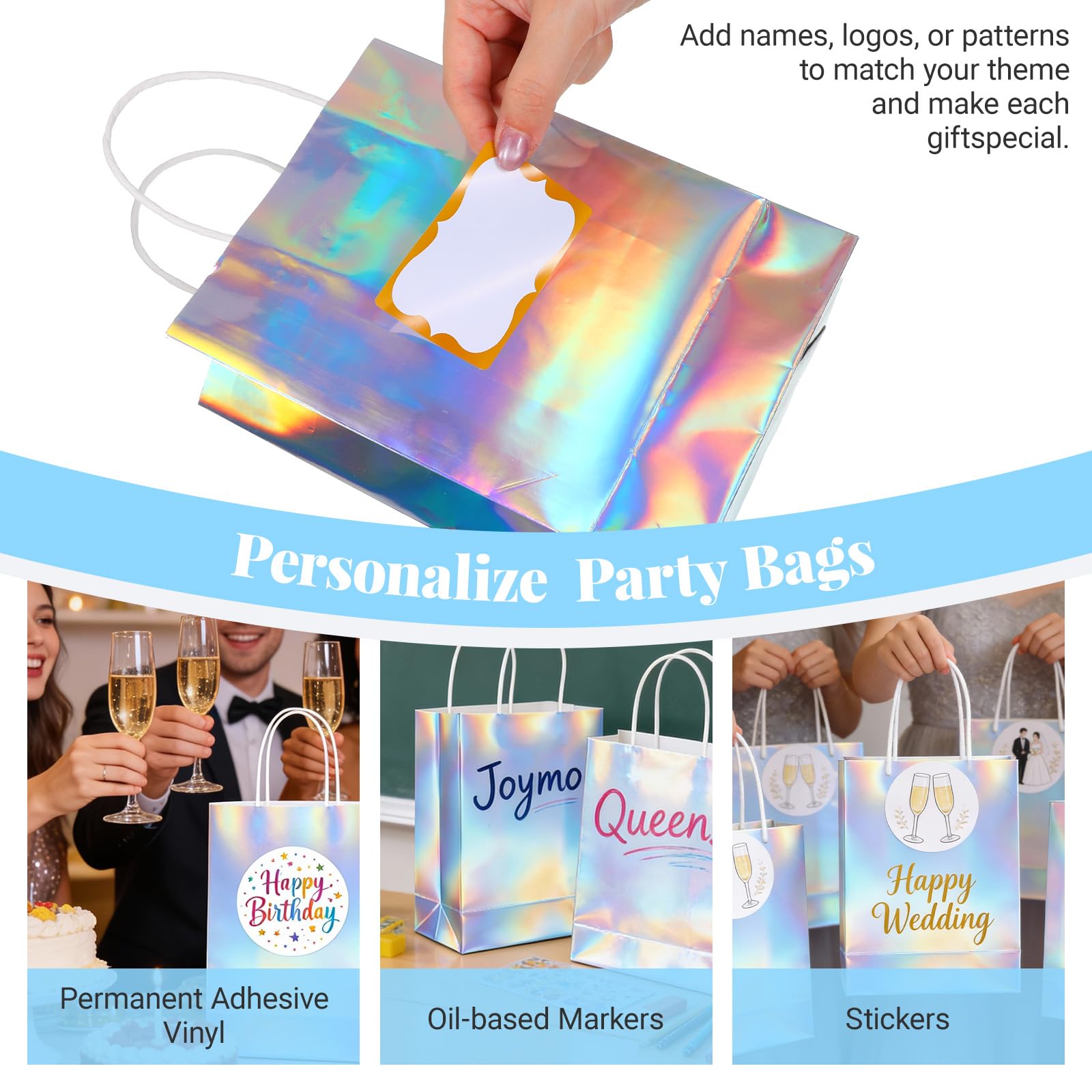 IMengjbang 40 Pcs Iridescent Gift Bags with Handle, 8.3 x 5.9 x 3.1 Inch Holographic Glossy Paper Goodie Bags Reusable Glitter Party Favor Tote for Birthday Wedding Bachelorette Party Boutique