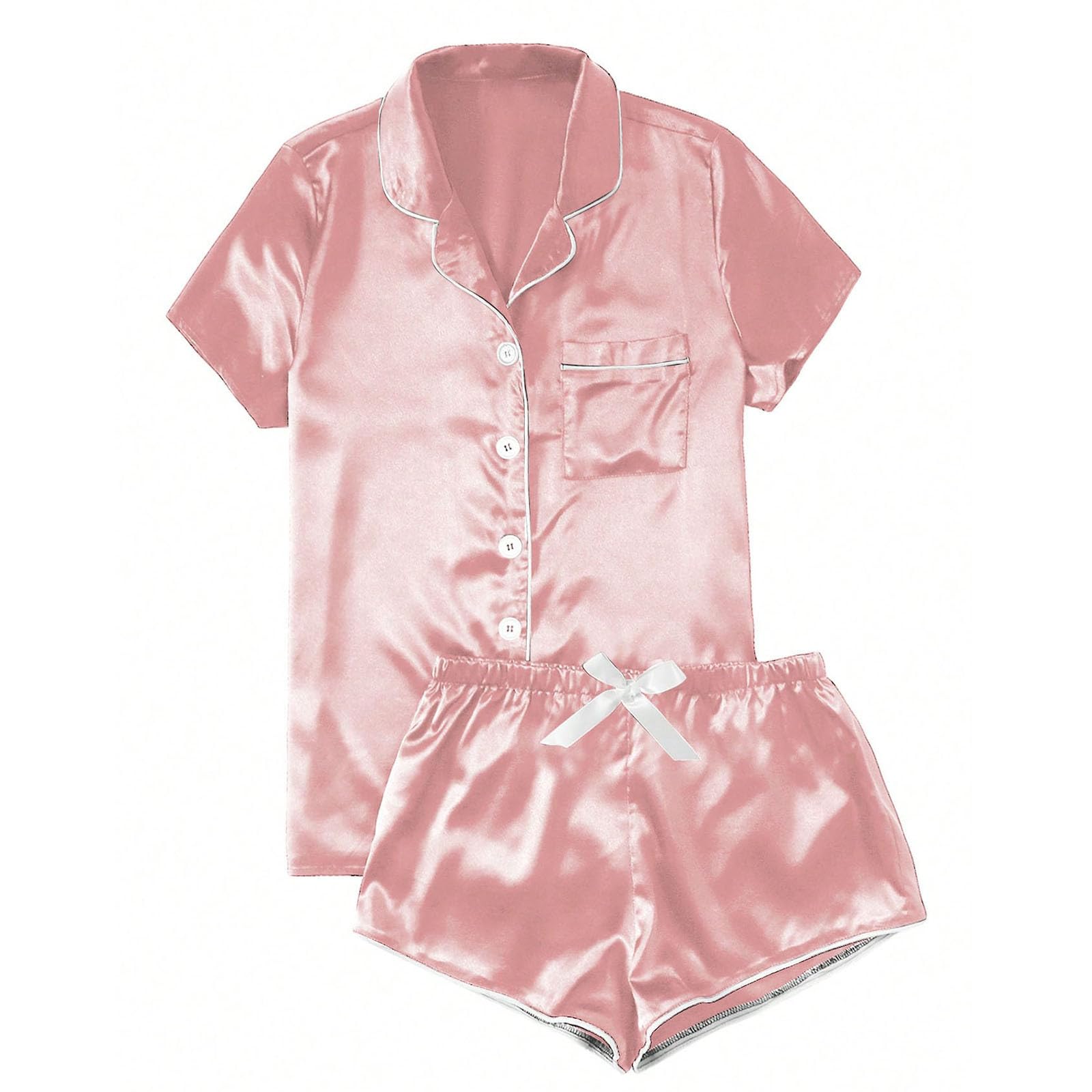 Womens Satin Silk Pajamas Set Short Sleeve Button Down Top Shorts Sleepwear 2 Piece Pjs Set Loungewear Lounge
