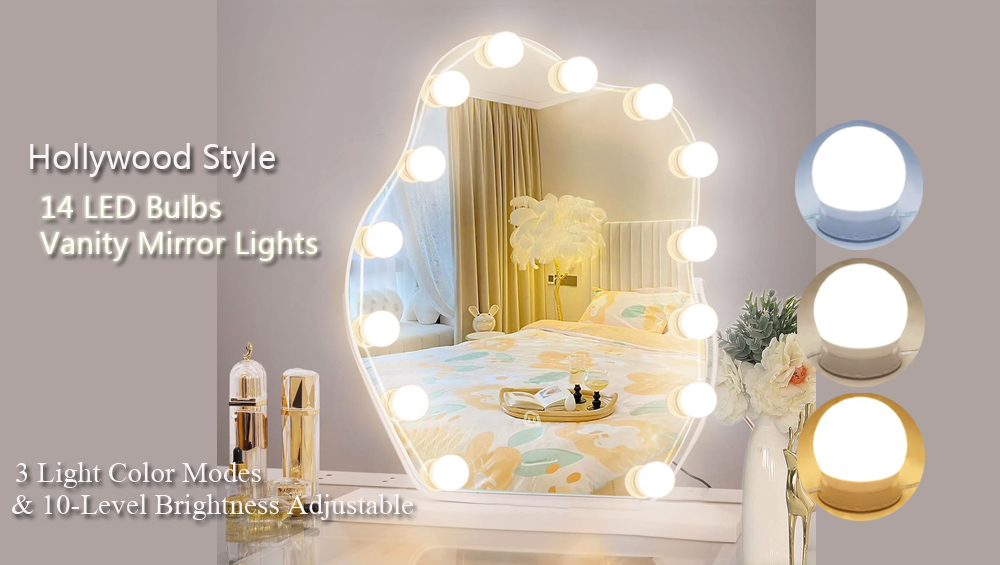 Image of LED Vanity Mirror Lights,Hollywood Style 14 Dimmable Bulbs Stick On for Makeup Dressing Lighting,Adjustable Color Temp & Brightness,USB Cable