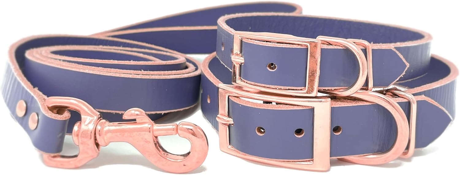 Handmade Personalized Star Studded Bridle Leather Dog Collar, Copper/Rose Gold Tone Stars Rivets, Embossed Name (Periwinkle Purple)