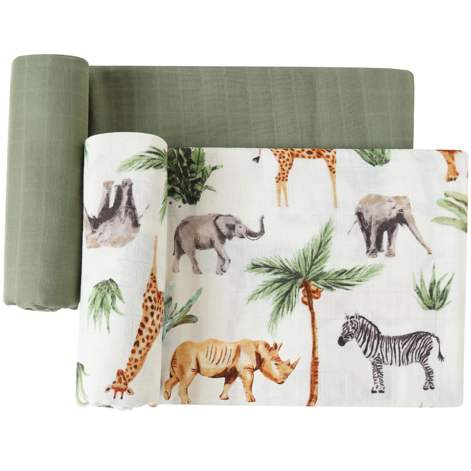 LifeTree Mantas de muselina, manta de recepción neutra para bebé Woodland para niños y niñas, 70 % viscosa de bambú y 30 % algodón, grande, 47 x 47 pulgadas, selva safari/verde oliva