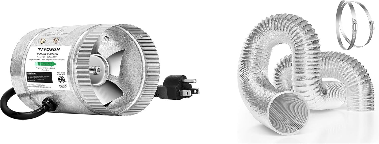 VIVOSUN 4 Inch Inline Duct Fan 100 CFM and 25 Feet Flex Air Aluminum Duct for Ventilation, 2 Clamps Included, Long Heavy-Duty Multi-Layer Dryer Hose Vent Kit, Fan Systems