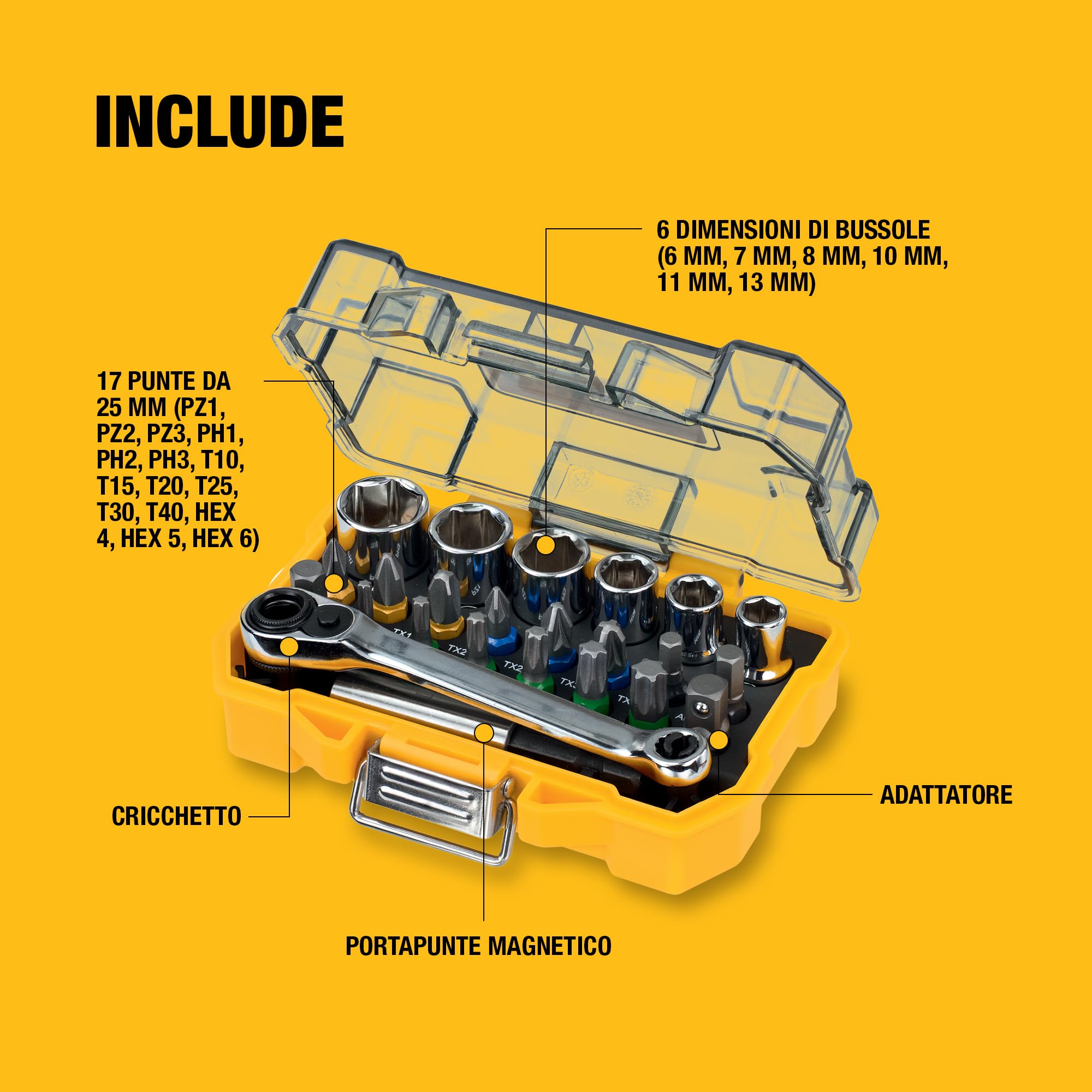 DEWALT Set di chiavi a bussola e cacciaviti extra piccoli da 25 mm (24 pezzi), DT71516-QZ