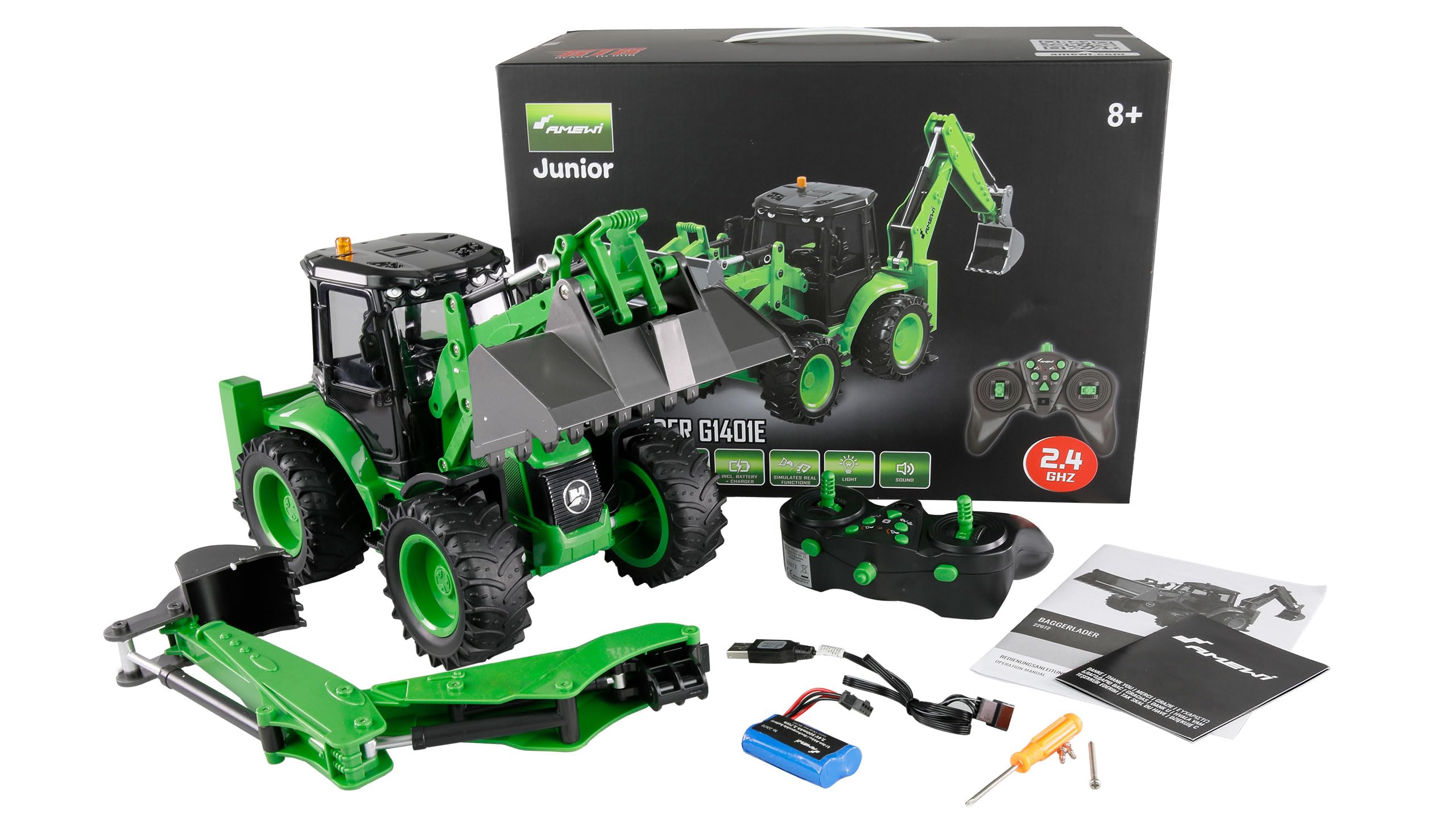 Amewi Retroexcavadora G1401E 1:14 RTR Verde teledirigido RC 2 en 1 Cargador de Ruedas y Excavadora niños 8 años