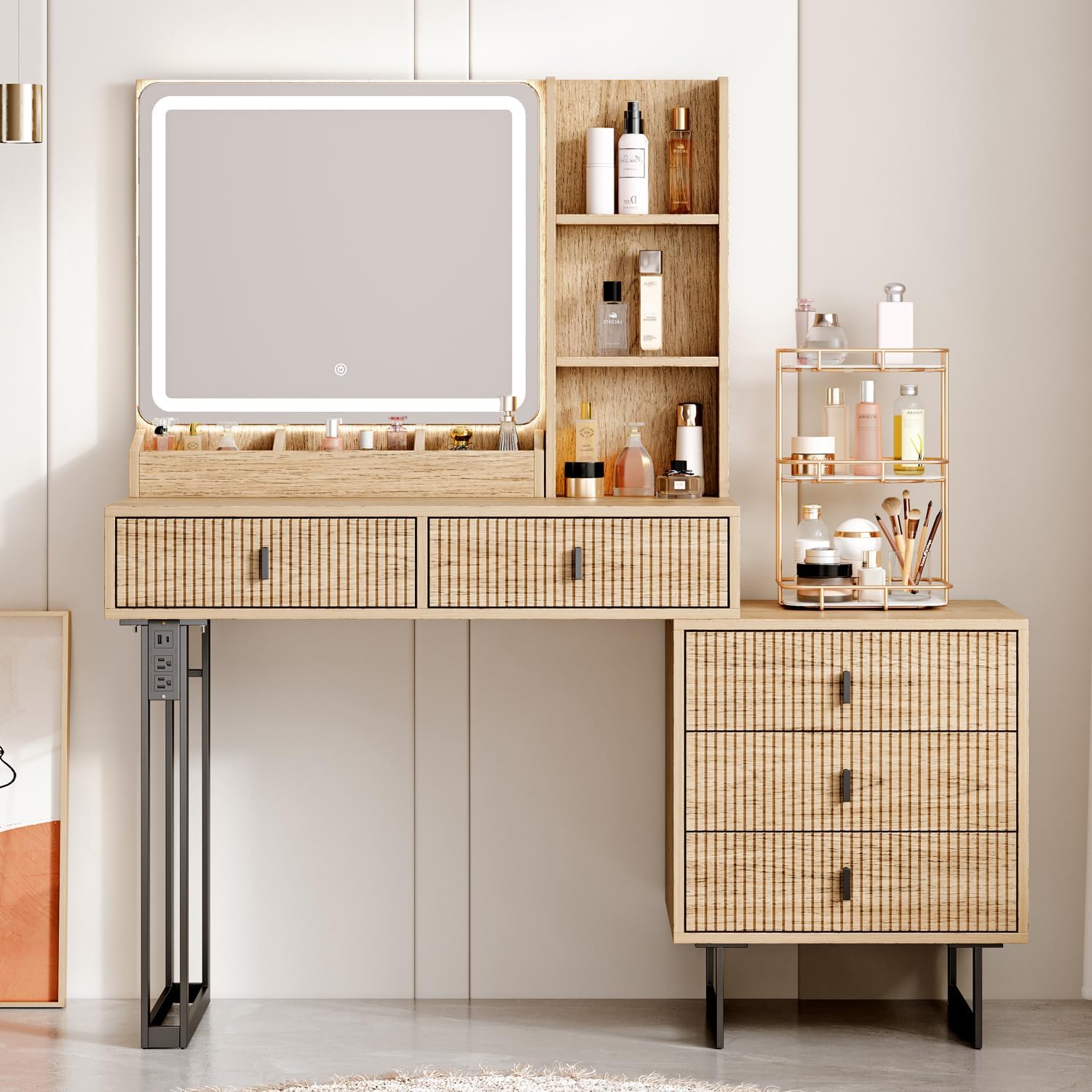 Photo 1 of **BLACK** Large Vanity Desk with 3 Color Touch Screen Dimming Mirror, Vanity Desk with Charging Station, Modern Retractable Makeup Dressing Table, Makeup Table With storage shelves and 5 Sliding Drawers, Black