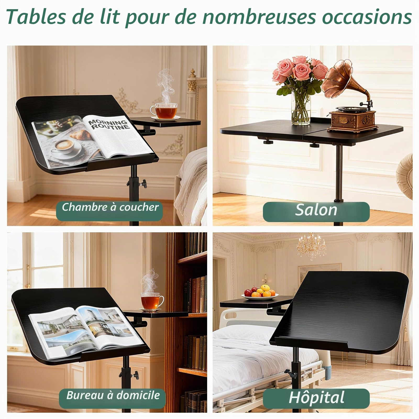 YYW Table de lit réglable à roulettes avec plateau à roulettes pour ordinateur portable et hôpital réglable en hauteur (noir)