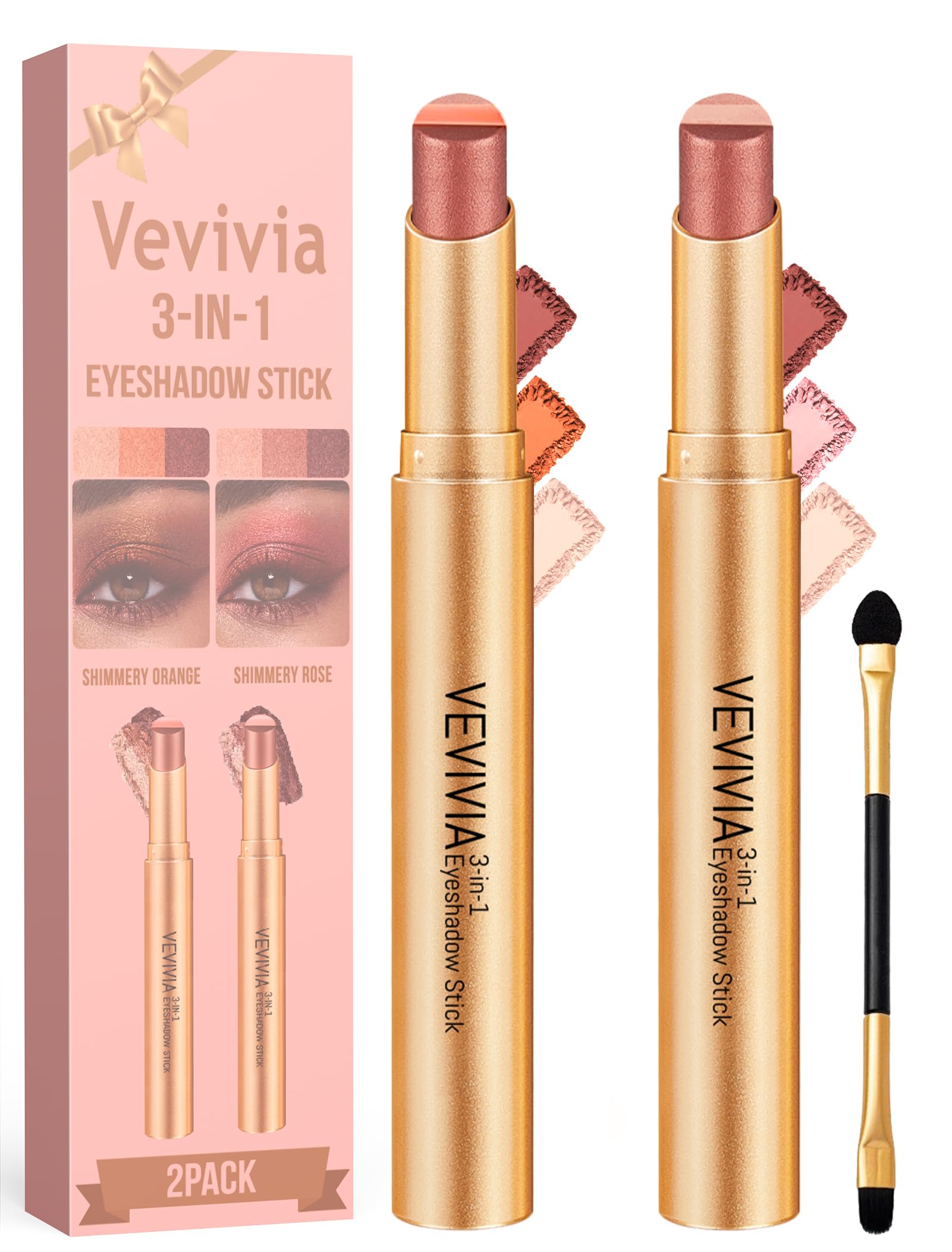 Vevivia 2-Pack 3-Color Eyeshadow Sticks, Waterproof Rose & Orange Shimmer