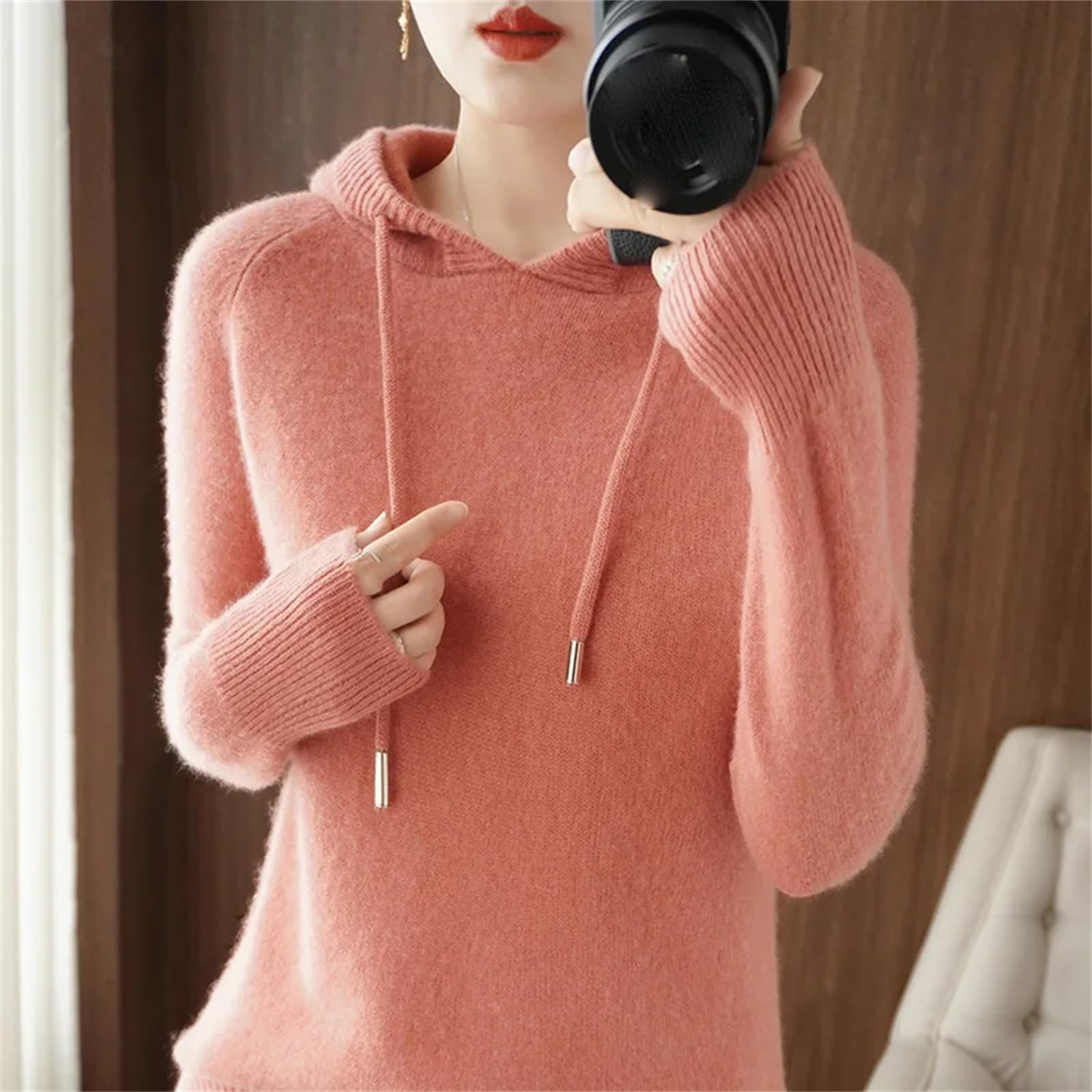 Yeuyyben Maglione da donna in lana merino capispalla con cappuccio colletto pullover invernale fondello maglieria casual caldo morbido top arancione, Arancione, XL