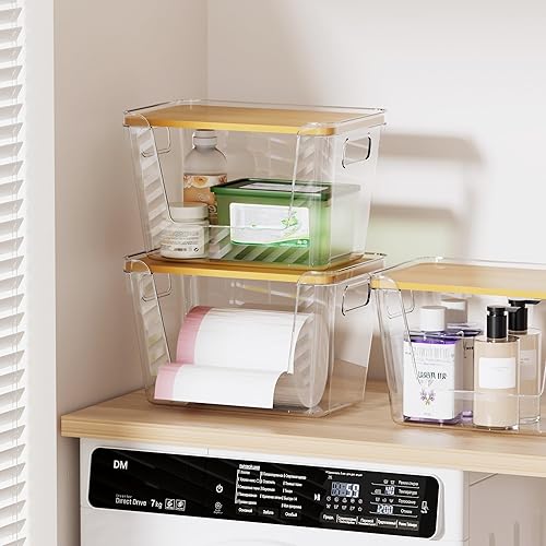 Miniatura 7 de Delamu Paquete de 2 dispensadores de bolsas de basura con tapa de bambú, organizador de bolsas de basura de plástico transparente para bolsas de 4 a