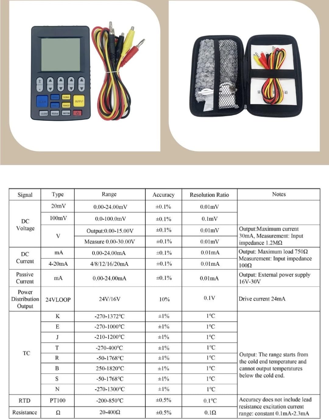 Calibrador portátil de generador de señal de 4-20 mA, fuente de voltaje de corriente analógica de 0-10 V con potencia de bucle de 24 V for calibración de procesos