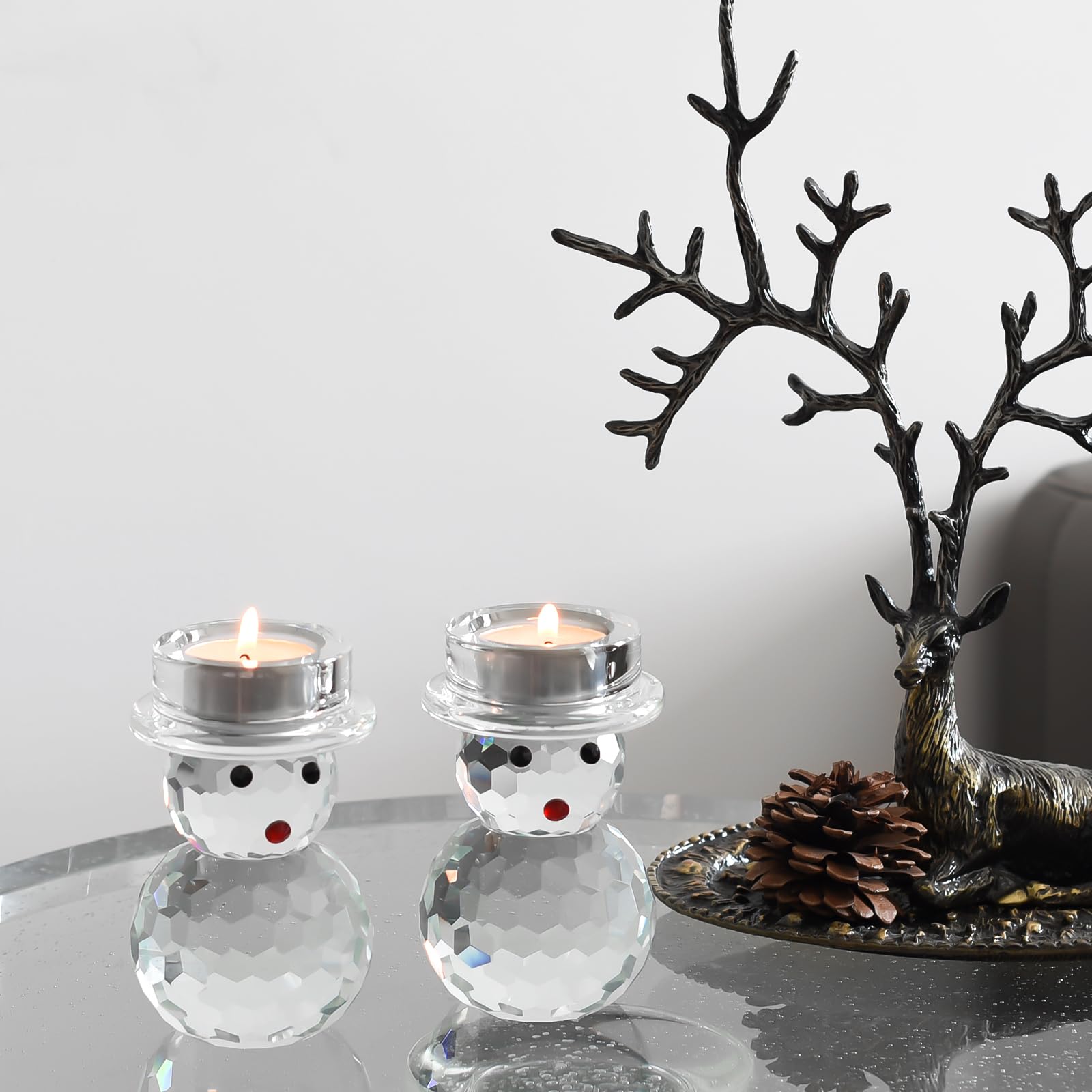 Lot de 2 photophores en cristal en forme de bonhomme de neige - Décoration de table d'hiver festive pour Noël, mariage, fête, anniversaire