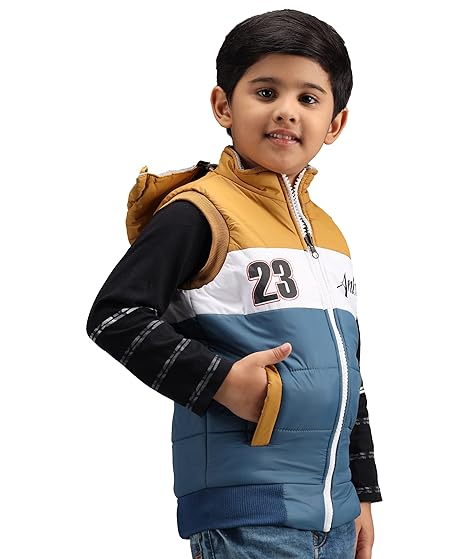Trendy World Sleeveless Zipper Colorblock Boys & Girls Bomber Hooded Jacket (Pack of 1)