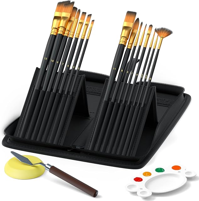 Artist Paint Brush Set,15 Different Brush Shapes & Sizes Bonus FREE Painting Knife & Watercolor Sponge No Shed Bristles Wood Handles For Body Paint, Acrylics & Oil