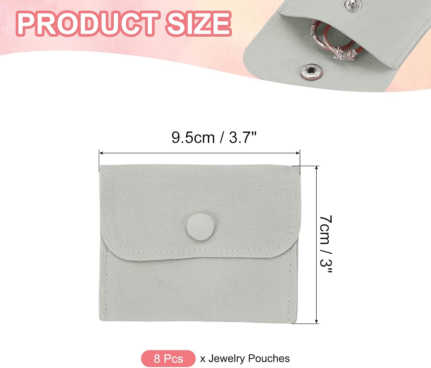 PATIKIL 4x3 Inch Jewelry Pouch, 8 Pcs Soft Velvet Pouches with Snap Button Portable Storage for Rings Necklace Bracelet Earring Watch, Grey
