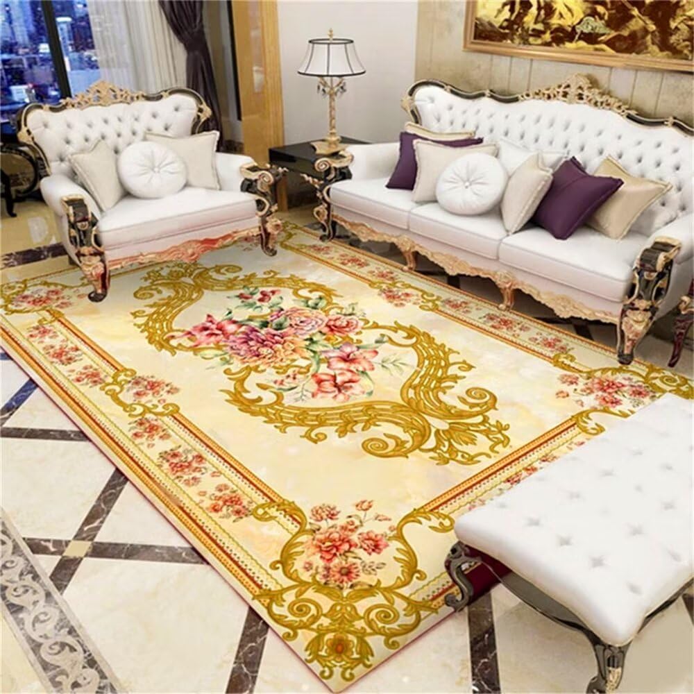 Tapis de salle à manger facile à nettoyer avec motif plante jaune