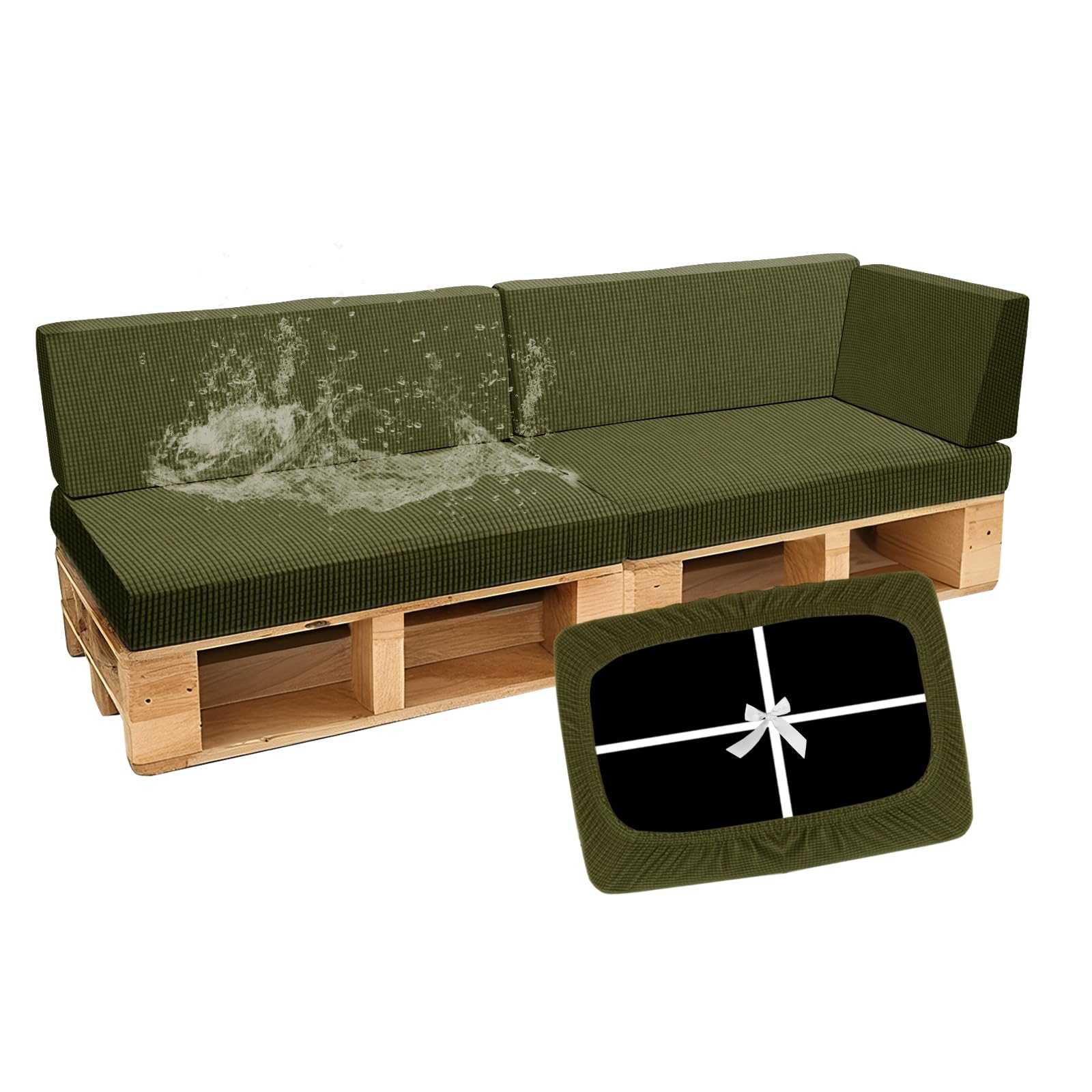 SYLC Waterproof Pallet Cushions Covers, Stretch Cover for Pallet Furniture Cushions with 4 Ties, Outdoor Corner Sofa Covers for Rattan Patio Garden Caravan (Olivegreen,5 PCS(2 Seats+3 Backs))