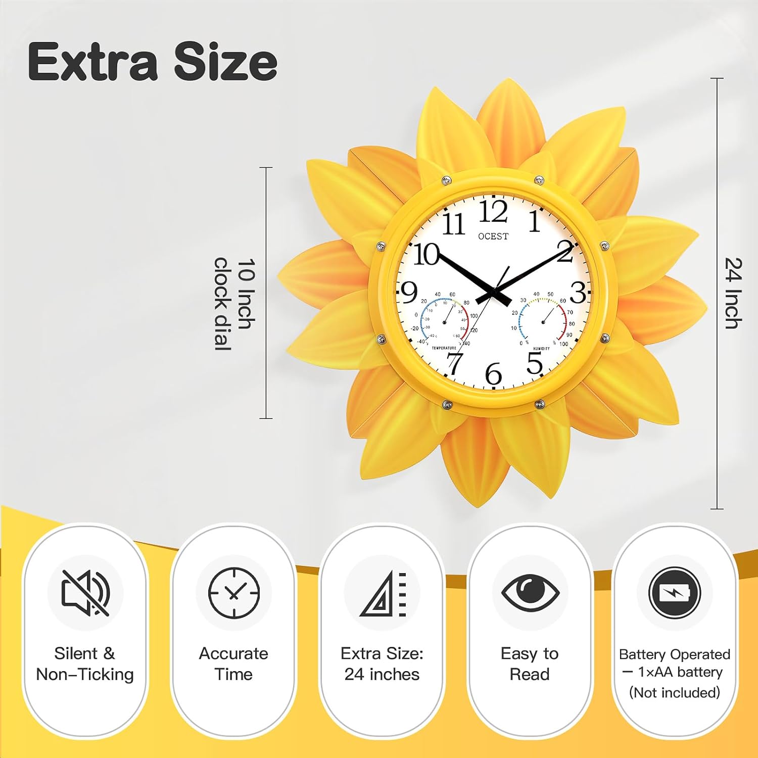 OCEST 24 Inch Sunflower Outdoor Clock Thermometer Hygrometer Combo, Large Metal Decorative wall Clocks with Sealed Waterproof Back Cover, Silent Non-Ticking Battery Operated for Patio Garden Porch