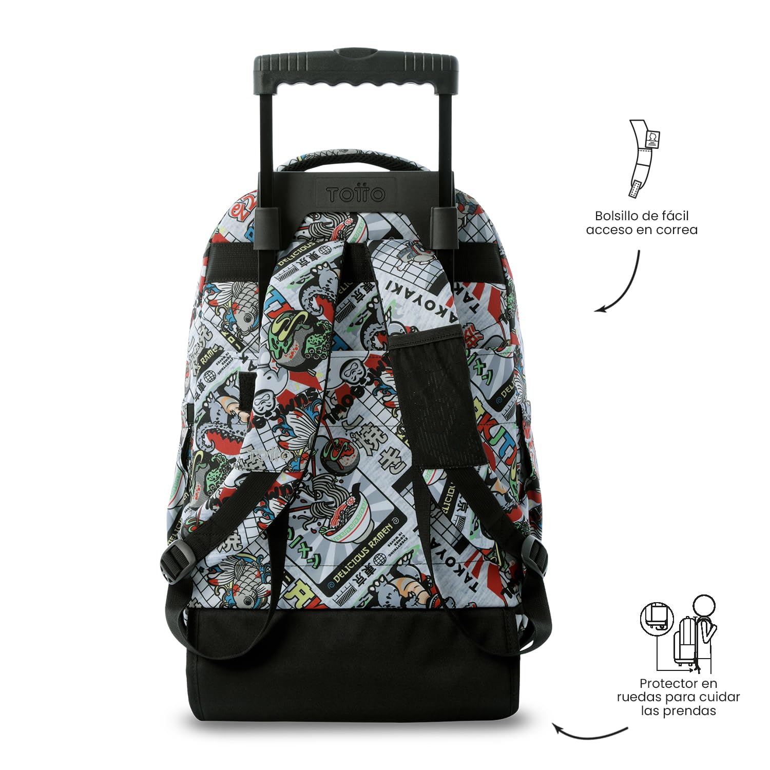 TOTTO - Mochila Escolar con Ruedas, Modelo Renglones, Capacidad 26,21 Litros, Bolsillo para PC 14", Bolsillo Botella, Correas en S para Mayor Comodidad, Resistente, Estampado Ramen Gris