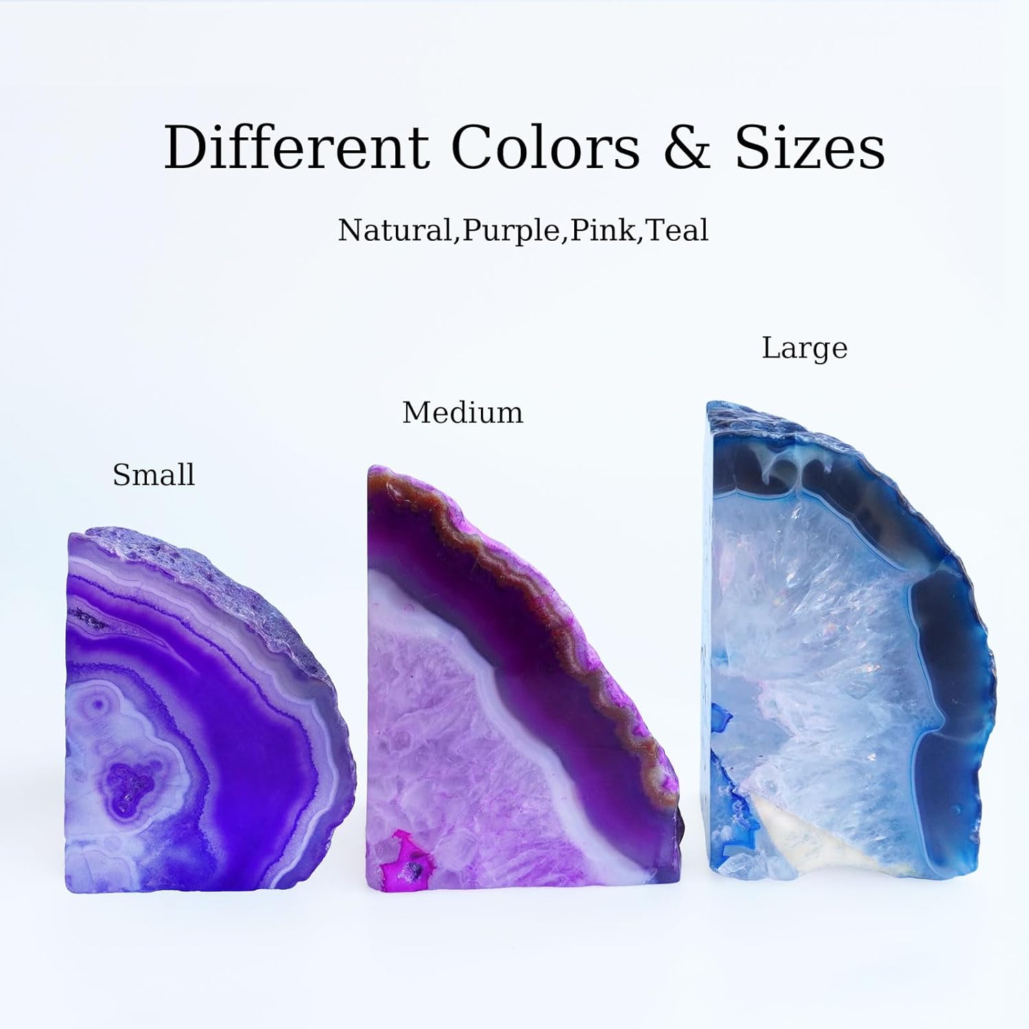 Natural Blue Dyed Agate Geode Bookends - 3 to 4 lb Heavy Duty Rock Crystal Stone Book Ends for Shelves, with Rubber Bumpers, Decorative Book Holders for Home Office