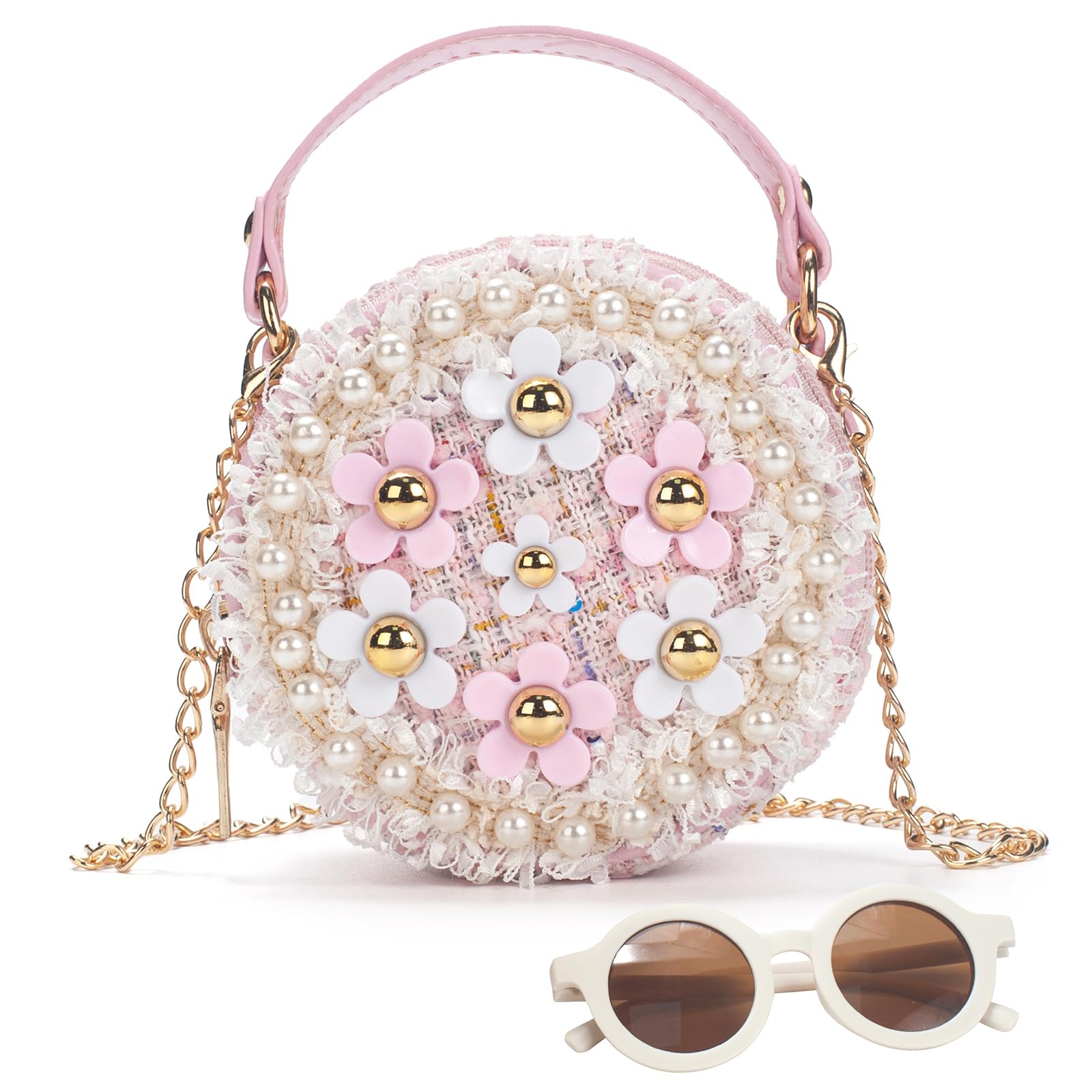 LJCTULY Girls Purse for Age 3-14, Flower Purse for Kids, Pink Little Girls Handbag Toddler Wallet with Round Glasses, Cute Toddler Crossbody Bag,