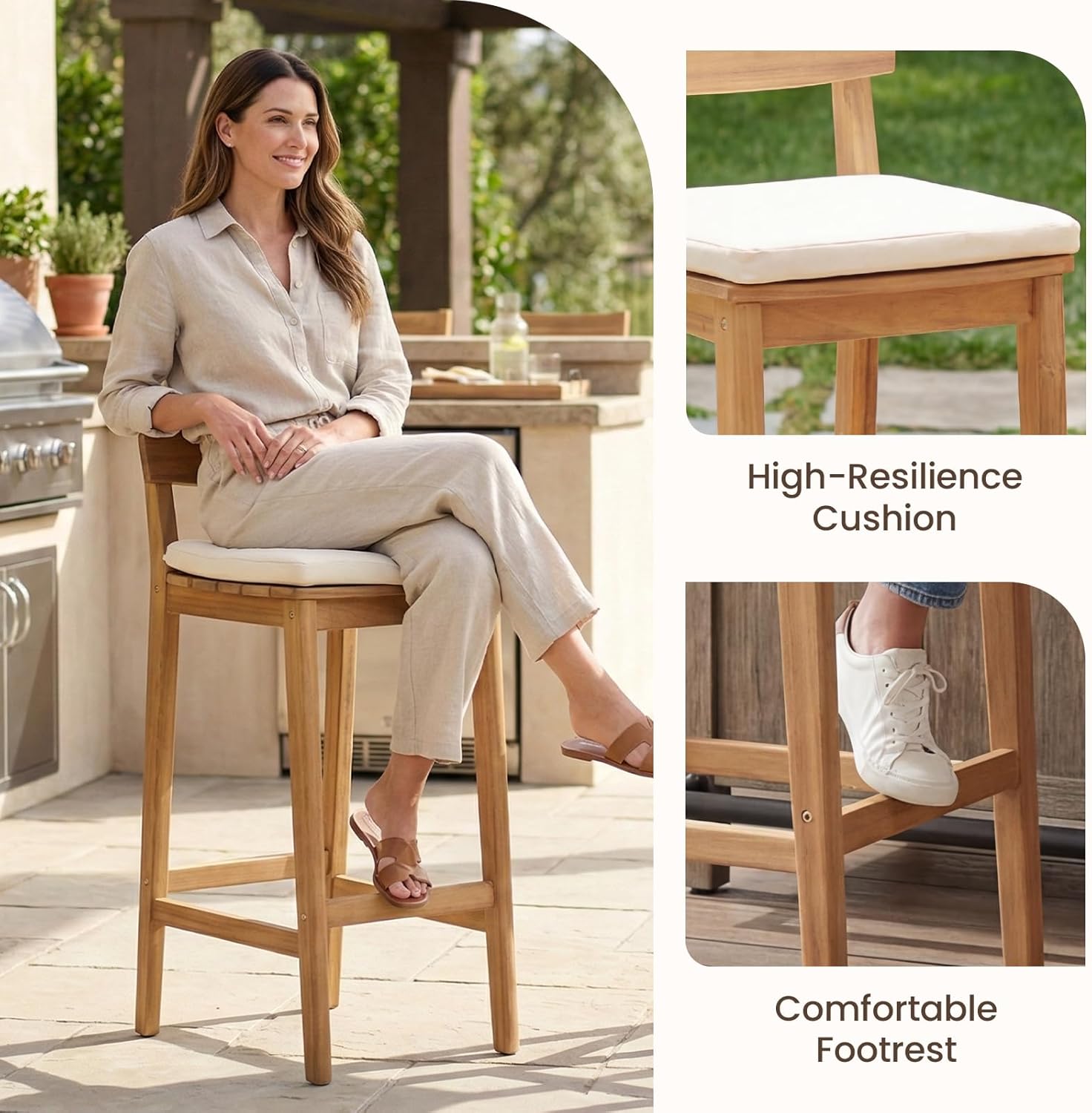 Outdoor Bar Stools Set of 4 with Cushion, 28.5" Seat Height Wooden Patio Bar Height Chairs with Backrest and Footrest, Solid Wood Bar Stools for Outdoor, Island, Balcony, Beige