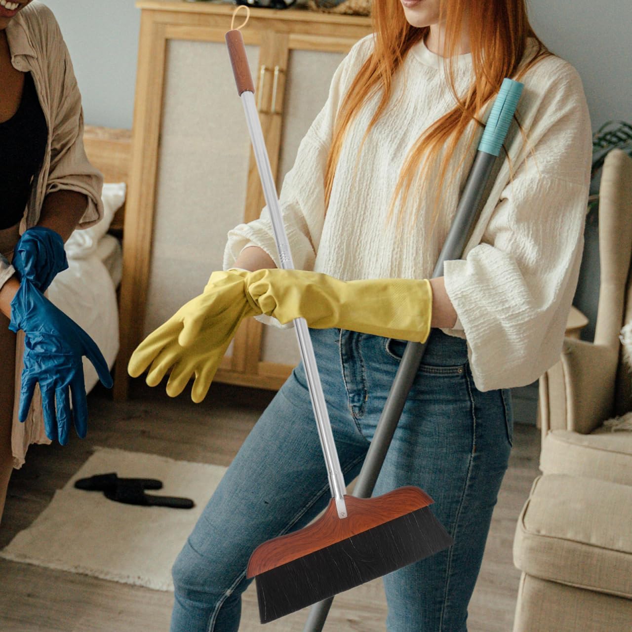 Anti-Static Floor Sweeper Broom with Horse Tail Hair Bristles and Stainless Steel Handle for Indoor Cleaning Kitchen Bathroom and Hardwood Floors